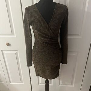 Rolla Coster Gold Sparkly Ruched Wrap Dress, Y2K, Clubbing, Sexy, Women, S, YOLO